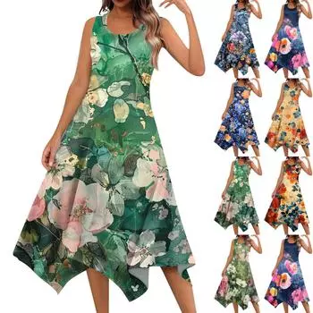 Женское повседневное модное платье миди без рукавов с круглым вырезом и нерегулярным подолом с цветочным принтом L синий