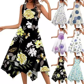 Женское повседневное модное платье миди без рукавов с круглым вырезом и цветочным принтом, нерегулярный подол L бежевый