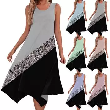 Женское повседневное модное платье миди без рукавов с круглым вырезом и нерегулярным подолом L синий