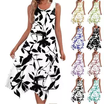 Женское повседневное модное платье-миди без рукавов с цветочным принтом и нерегулярным подолом с круглым вырезом L чёрный