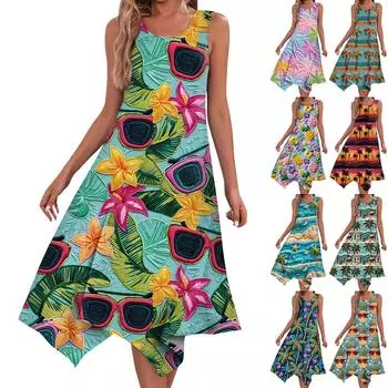 Женское повседневное модное платье миди без рукавов с круглым вырезом и нерегулярным подолом L синий