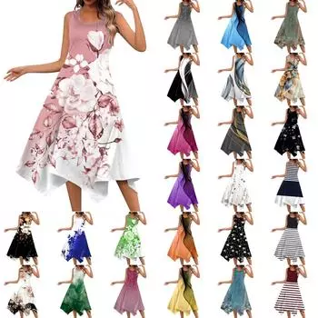 Женское повседневное модное платье миди без рукавов с круглым вырезом и нерегулярным подолом L чёрный