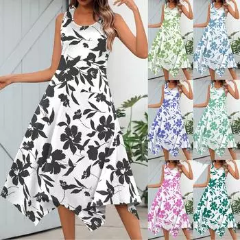 Женское повседневное модное платье-миди без рукавов с цветочным принтом и нерегулярным подолом с круглым вырезом L чёрный