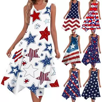 Женское повседневное модное платье миди без рукавов с круглым вырезом и принтом в честь Дня независимости и нерегулярным подолом XL белый