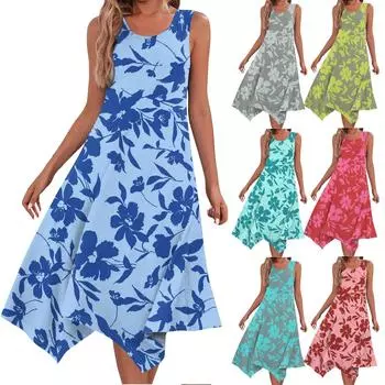 Женское повседневное модное платье-миди без рукавов с цветочным принтом и нерегулярным подолом с круглым вырезом L синий