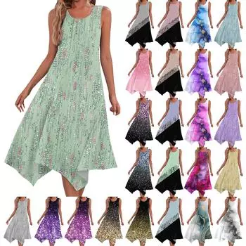 Женское повседневное модное платье миди без рукавов с круглым вырезом и нерегулярным подолом L синий