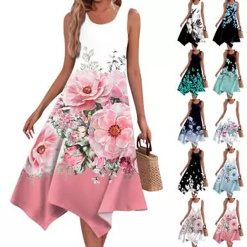 Женское повседневное модное платье миди без рукавов с круглым вырезом и нерегулярным подолом L чёрный