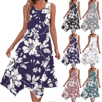 Женское повседневное модное платье-миди без рукавов с цветочным принтом и нерегулярным подолом с круглым вырезом L чёрный