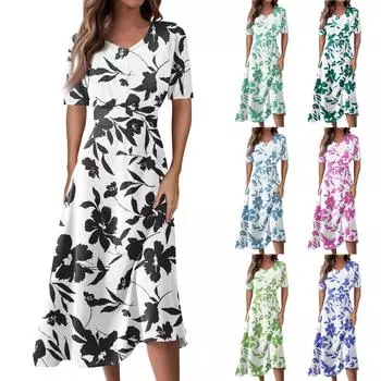 Женское повседневное модное платье-миди без рукавов с цветочным принтом и нерегулярным подолом с круглым вырезом L чёрный