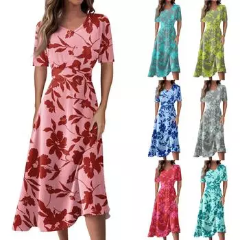 Женское повседневное модное платье-миди без рукавов с цветочным принтом и нерегулярным подолом с круглым вырезом L синий