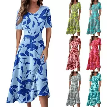 Женское повседневное модное платье-миди без рукавов с цветочным принтом и нерегулярным подолом с круглым вырезом L синий