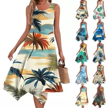 Женское повседневное модное платье миди без рукавов с круглым вырезом и цветочным принтом, нерегулярный подол L чёрный