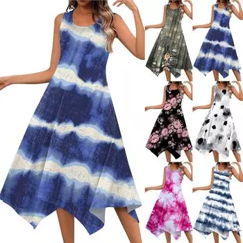 Женское повседневное модное платье миди без рукавов с круглым вырезом и цветочным принтом, нерегулярный подол L синий