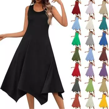 Женское повседневное модное платье миди без рукавов с круглым вырезом и нерегулярным подолом L армия зеленый