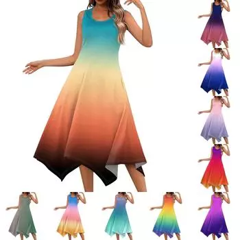 Женское повседневное модное платье миди без рукавов с круглым вырезом и нерегулярным подолом L бежевый