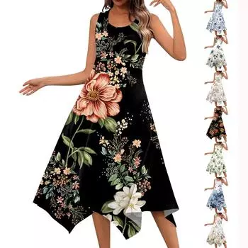 Женское повседневное модное платье миди без рукавов с круглым вырезом и цветочным принтом, нерегулярный подол L бежевый