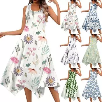 Женское повседневное модное платье миди без рукавов с круглым вырезом и цветочным принтом, нерегулярный подол XXL