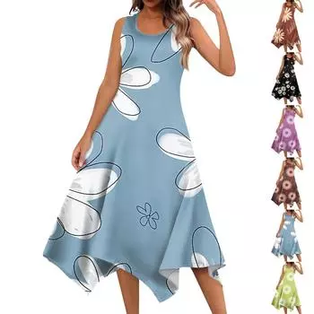 Женское повседневное модное платье миди без рукавов с круглым вырезом и цветочным принтом, нерегулярный подол L чёрный