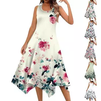 Женское повседневное модное платье миди без рукавов с круглым вырезом и цветочным принтом, нерегулярный подол L