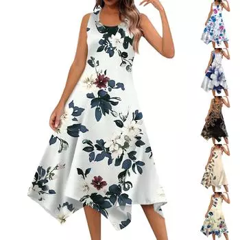 Женское повседневное модное платье миди без рукавов с круглым вырезом и цветочным принтом, нерегулярный подол XL синий