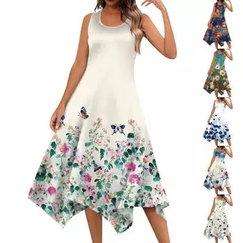 Женское повседневное модное платье миди без рукавов с круглым вырезом и цветочным принтом, нерегулярный подол XL бежевый