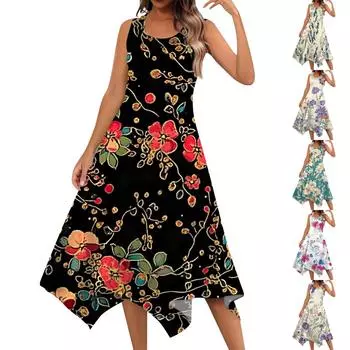 Женское повседневное модное платье миди без рукавов с круглым вырезом и цветочным принтом, нерегулярный подол L чёрный
