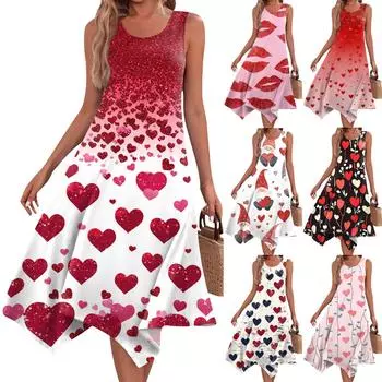 Женское повседневное модное платье миди без рукавов с круглым вырезом и нерегулярным подолом XL красный