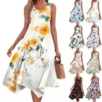 Женское повседневное модное платье миди без рукавов с круглым вырезом и нерегулярным подолом S