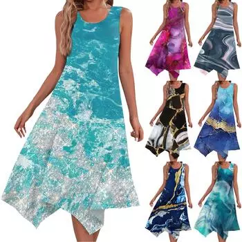 Женское повседневное модное платье миди без рукавов с круглым вырезом и нерегулярным подолом L чёрный