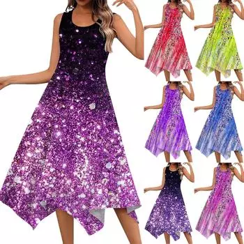 Женское повседневное модное платье миди без рукавов с круглым вырезом и цветочным принтом, нерегулярный подол L синий