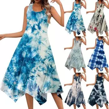 Женское повседневное модное платье миди без рукавов с круглым вырезом и цветочным принтом, нерегулярный подол L чёрный