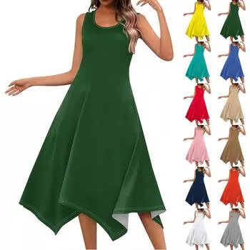 Женское повседневное модное платье миди без рукавов с круглым вырезом и нерегулярным подолом L синий