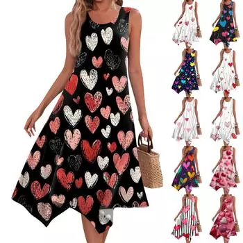 Женское повседневное модное платье миди без рукавов с круглым вырезом и нерегулярным подолом S чёрный