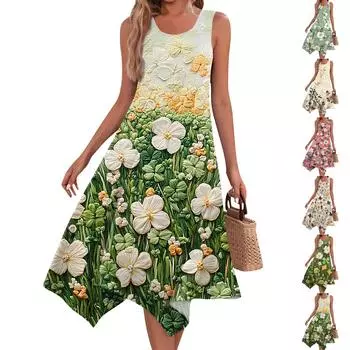 Женское повседневное модное платье миди без рукавов с круглым вырезом и цветочным принтом, нерегулярный подол L бежевый