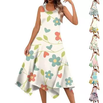 Женское повседневное модное платье миди без рукавов с круглым вырезом и цветочным принтом, нерегулярный подол M