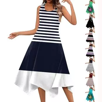 Женское повседневное модное платье миди без рукавов с круглым вырезом и нерегулярным подолом L чёрный