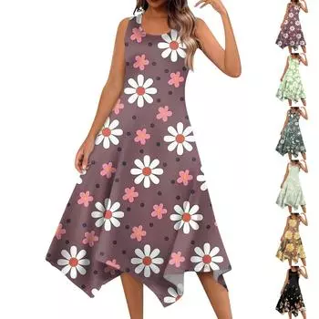 Женское повседневное модное платье миди без рукавов с круглым вырезом и цветочным принтом, нерегулярный подол M