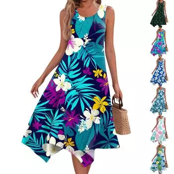 Женское повседневное модное платье миди без рукавов с круглым вырезом и цветочным принтом, нерегулярный подол L синий