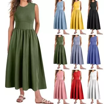 Женское повседневное модное платье миди без рукавов с круглым вырезом и нерегулярным подолом L армия зеленый