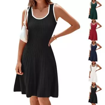 Женское повседневное модное платье миди без рукавов с круглым вырезом L чёрный