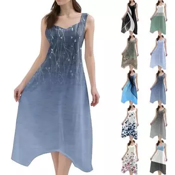 Женское повседневное модное платье миди без рукавов с круглым вырезом и нерегулярным подолом L армия зеленый