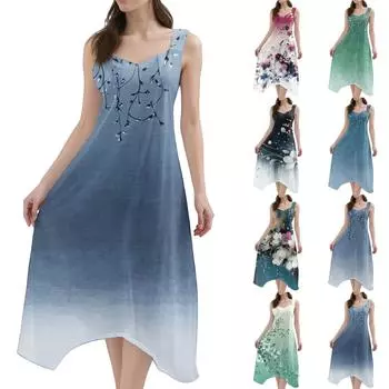 Женское повседневное модное платье миди без рукавов с круглым вырезом и нерегулярным подолом L армия зеленый