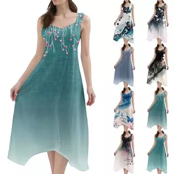 Женское повседневное модное платье миди без рукавов с круглым вырезом и нерегулярным подолом L чёрный