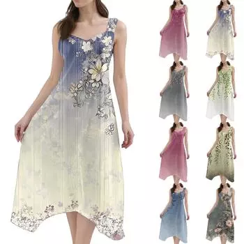 Женское повседневное модное платье миди без рукавов с круглым вырезом и нерегулярным подолом L синий