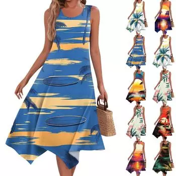 Женское повседневное модное платье миди без рукавов с круглым вырезом и цветочным принтом, нерегулярный подол L чёрный