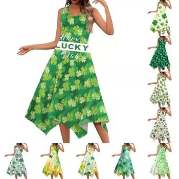 Женское повседневное модное платье миди без рукавов с круглым вырезом и нерегулярным подолом L зелёный