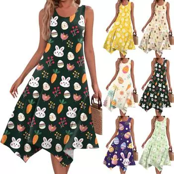 Женское повседневное модное платье миди без рукавов с круглым вырезом и нерегулярным подолом M бежевый