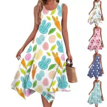 Женское повседневное модное платье миди без рукавов с круглым вырезом и нерегулярным подолом XXL