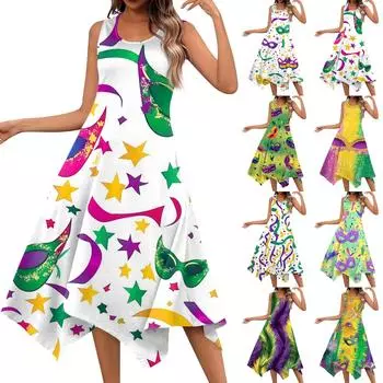 Женское повседневное модное платье миди без рукавов с круглым вырезом и нерегулярным подолом XXL