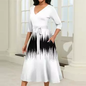 Женское повседневное модное платье миди с V-образным вырезом и рукавом три четверти XXXL